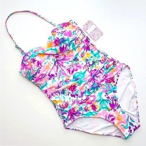 Stella Parker NWT One Piece Halter Swimsuit Abstract Floral Pink White size S.